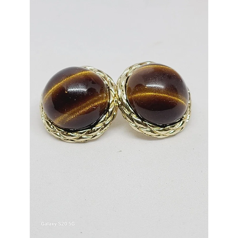 Vintage Style Gold Tone Tiger Eye Stud Earrings Round Braided Bezel Brown‎